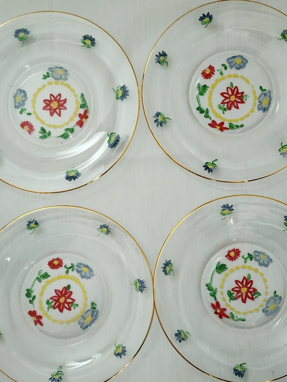 Collectible Glass Plates Hand Painted Floral Design Gold Trim Set Of 4